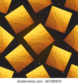Gold polygonal shape: square on black gold sparkle background. Gold polygonal seamless pattern in hipster triangle low poly style. Gold background for vip, gift, website luxury design
