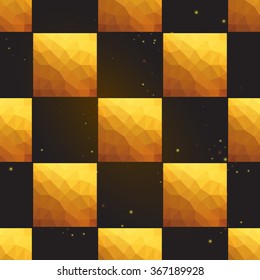 Gold polygonal shape: square on black gold sparkle background. Gold polygonal seamless pattern in hipster triangle low poly style. Gold background for vip, gift, website luxury design
