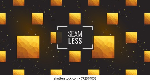 Gold polygonal shape: square on black sparkle background. Lowpoly seamless pattern in hipster triangle low poly style. Golden background for vip, gift, website luxury design