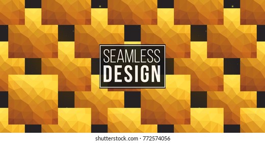 Gold polygonal shape: square on black sparkle background. Lowpoly seamless pattern in hipster triangle low poly style. Golden background for vip, gift, website luxury design
