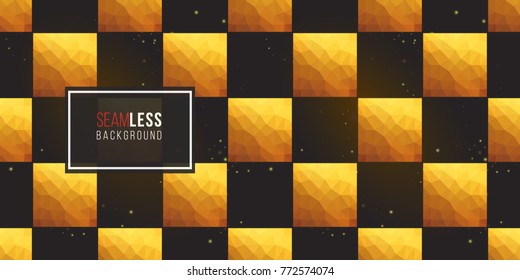 Gold polygonal shape: square on black sparkle background. Lowpoly seamless pattern in hipster triangle low poly style. Golden background for vip, gift, website luxury design