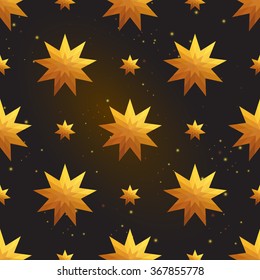 Gold polygonal shape: star and magic star on black gold sparkle background. Gold polygonal seamless pattern in hipster triangle low poly style. Gold background for vip, gift, website luxury design
