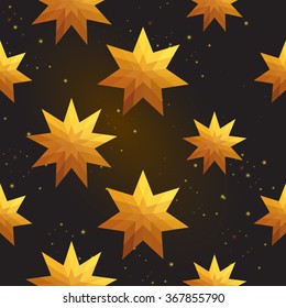 Gold polygonal shape: star and magic star on black gold sparkle background. Gold polygonal seamless pattern in hipster triangle low poly style. Gold background for vip, gift, website luxury design