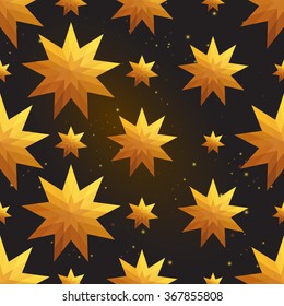 Gold polygonal shape: star and magic star on black gold sparkle background. Gold polygonal seamless pattern in hipster triangle low poly style. Gold background for vip, gift, website luxury design