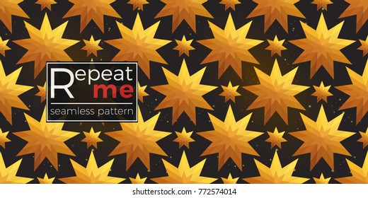 Gold polygonal shape: star and magic star on black sparkle background. Lowpoly seamless pattern in hipster triangle low poly style. Golden background for vip, gift, website luxury design