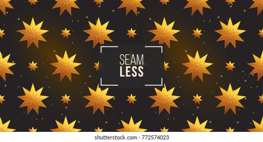 Gold polygonal shape: star and magic star on black sparkle background. Lowpoly seamless pattern in hipster triangle low poly style. Golden background for vip, gift, website luxury design