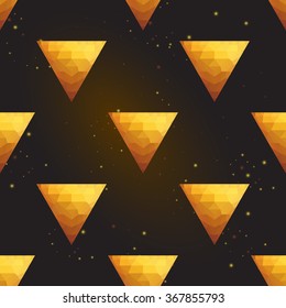 Gold polygonal shape: triangle on black gold sparkle background. Gold polygonal seamless pattern in hipster triangle low poly style. Gold background for vip, gift, website luxury design