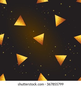 Gold polygonal shape: triangle on black gold sparkle background. Gold polygonal seamless pattern in hipster triangle low poly style. Gold background for vip, gift, website luxury design