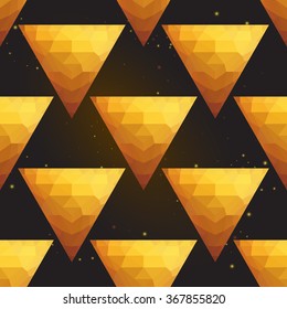 Gold polygonal shape: triangle on black gold sparkle background. Gold polygonal seamless pattern in hipster triangle low poly style. Gold background for vip, gift, website luxury design
