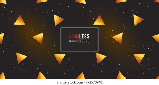Gold polygonal shape: triangle on black sparkle background. Lowpoly seamless pattern in hipster triangle low poly style. Golden background for vip, gift, website luxury design