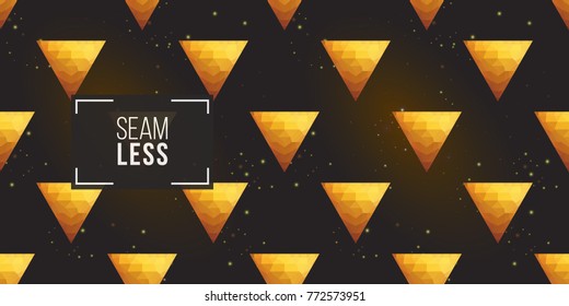 Gold polygonal shape: triangle on black sparkle background. Lowpoly seamless pattern in hipster triangle low poly style. Golden background for vip, gift, website luxury design