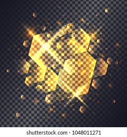 Gold polygons, golden bokeh on transparent background. Light effect.