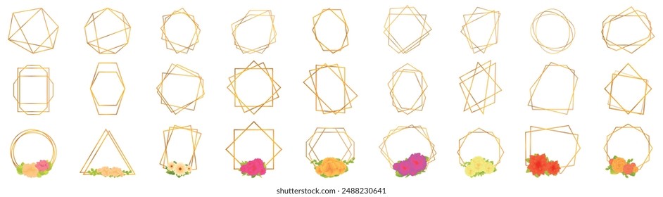 Gold polyhedron icons set. Collection of golden frames featuring various geometric shapes, perfect for adding a touch of elegance to any design project