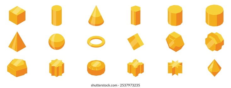 Conjunto de iconos de poliedro de oro. Colección de varias figuras geométricas tridimensionales que muestran diversas Formas en llamativos tonos amarillos