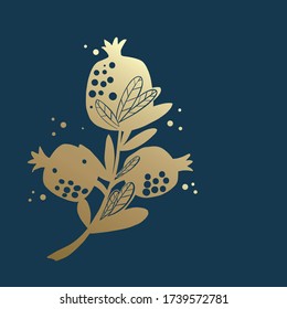 gold pomegranate, vector illustration with dark blue background