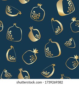 gold pomegranate, vector seamless pattern with dark blue background