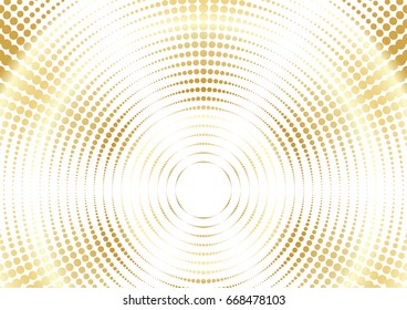 Gold pop art background. Circles with different dots. Visual effect explosion with rays. Vector illustration.