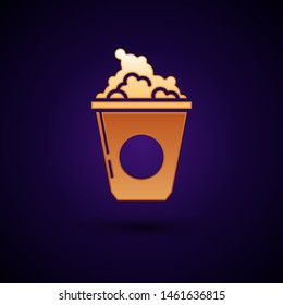 Gold Popcorn in cardboard box icon isolated on dark blue background. Popcorn bucket box.  Vector Illustration