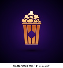 Gold Popcorn in cardboard box icon isolated on dark blue background. Popcorn bucket box.  Vector Illustration