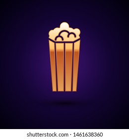 Gold Popcorn in cardboard box icon isolated on dark blue background. Popcorn bucket box.  Vector Illustration