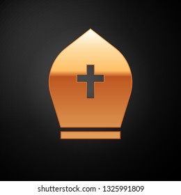 Gold Pope hat icon isolated on black background. Christian hat sign. Vector Illustration