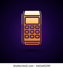 Gold Pos terminal icon isolated on dark blue background. Payment terminal transaction. Pay by card.  Vector Illustration