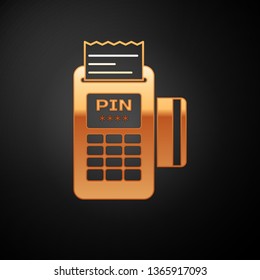 Gold POS terminal with inserted credit card and printed reciept icon isolated on black background. NFC payment concept. Vector Illustration