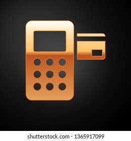 Gold Pos terminal with inserted credit card icon isolated on black background. Payment terminal transaction. Vector Illustration