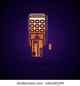 Gold Pos terminal with inserted credit card icon isolated on dark blue background. Payment terminal transaction. Pay by card.  Vector Illustration