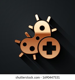 Gold Positive virus icon isolated on black background. Corona virus 2019-nCoV. Bacteria and germs, cell cancer, microbe, fungi. Long shadow style. Vector Illustration