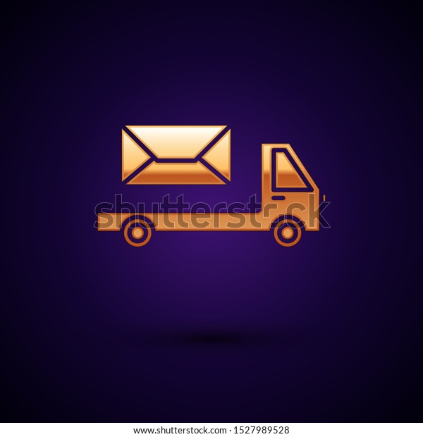 Gold Post truck icon isolated on dark blue\
background. Mail car. Vehicle truck transport with envelope or\
letter.  Vector\
Illustration