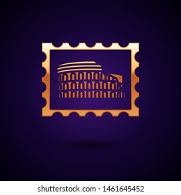 Gold Postal stamp and Coliseum icon isolated on dark blue background. Colosseum sign. Symbol of Ancient Rome, gladiator fights.  Vector Illustration