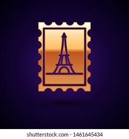 Gold Postal stamp and Eiffel tower icon isolated on dark blue background.  Vector Illustration