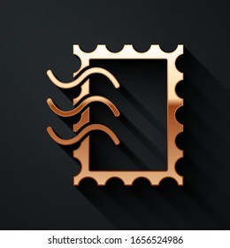 Gold Postal stamp icon isolated on black background. Long shadow style. Vector Illustration