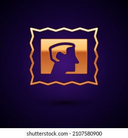 Gold Postal stamp icon isolated on black background.  Vector