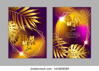 Gold postcard, certificate with tropical palm leaves. Summer sales, advertising banner, big discounts, greeting card for wedding, birthday, party