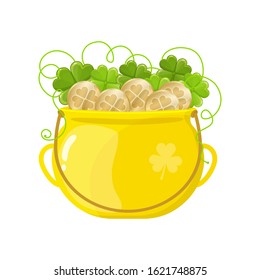 Gold pot with coins and clover icon. Good Luck, fortune, treasure, Happy Saint Patrick's day concept. Vector image isolated on a white background