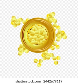 Gold pot filled with gold coins top view vector on transparent background