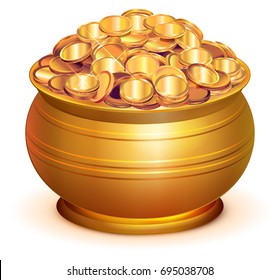 Gold pot full of gold coins. Isolated on white vector 3d illustration