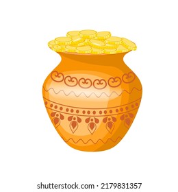 Gold pot full of gold coins vector illustration isolated on white background.
