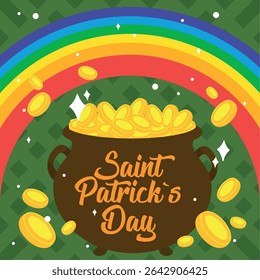 Gold pot under rainbow arc. Vector illustration