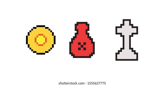 Gold Potion Cross Icon,  8 bit retro symbol vector design. Great for mobile app, web design, banner, game, etc