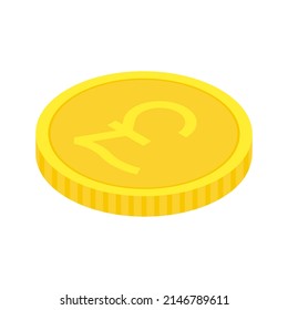 Gold Pound Sterling Coin. Isometric Golden Money Icon. Wealth Symbol. Vector Illustration Isolated On White.