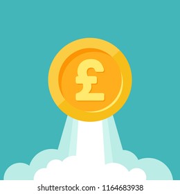 Gold pound sterling coin as rocket flies up. Currency strengthening and increasing of exchange rate. Income growth. Financial success. Flat icon. Isolated on white. 