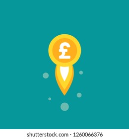 Gold pound sterling coin as rocket flies up. Currency strengthening and increasing of exchange rate. 