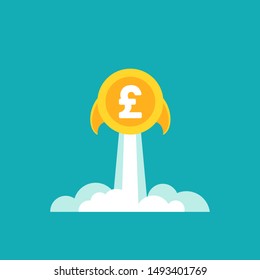 Gold pound sterling coin as rocket flies up. Currency strengthening and increasing of exchange rate. Income growth. Financial success. Flat icon. Isolated on white. 