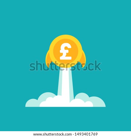 Gold pound sterling coin as rocket flies up. Currency strengthening and increasing of exchange rate. Income growth. Financial success. Flat icon. Isolated on white. 