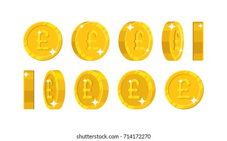 Gold pound views cartoon style isolated. The gold pound is at different angles around its axis for designers and illustrators. Rotation of a gold coin in the form of a vector illustration