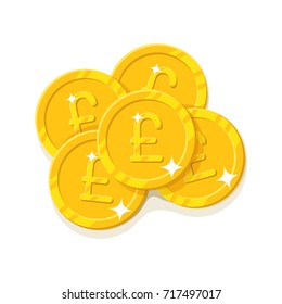 Gold pounds coins cartoon style isolated. Five gold coins for designers and illustrators. A few gold pieces in the form of a vector illustration