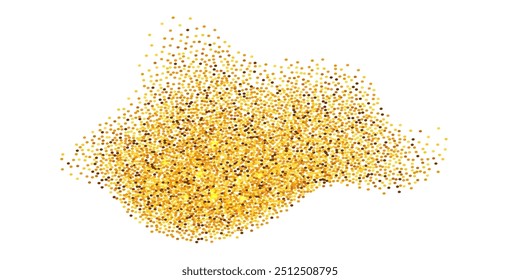 Gold powder glitter splash. Abstract shape with golden dot particles and glowing sparkles. Yellow grainy sand splatter isolated on white background. Vector illustration